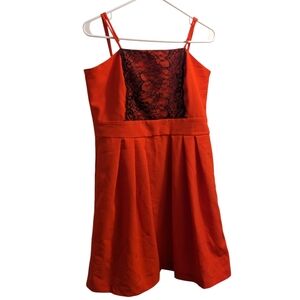Monteau Red Short Dress with Black Lace Detail L